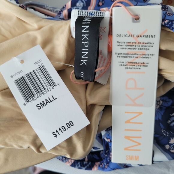 Mink Pink One Piece Swimsuit Size Small Blue Print Bounty Tie Front Womens - Picture 8 of 9